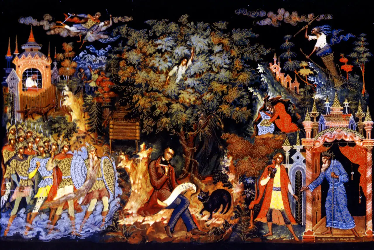 棺桶「物語の主人公の間A.S.プーシキン」（画面中央の左がプーシキンで右が学者猫）